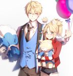  1boy 1girl alternate_costume balloon black_neckwear blonde_hair blue_eyes blush closed_mouth commentary_request doll doll_hug fate/apocrypha fate/grand_order fate/prototype fate_(series) father_and_daughter hair_between_eyes holding hug long_sleeves looking_at_viewer mordred_(fate) mordred_(fate)_(all) myo_ne saber_(fate/prototype) smile stuffed_animal stuffed_toy 