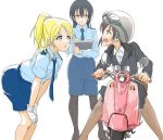  3girls ayase_eli bangs black_hair black_legwear blonde_hair blue_eyes blue_hair commentary_request formal gloves goggles ground_vehicle hair_between_eyes helmet long_hair looking_at_another love_live! love_live!_school_idol_project motor_vehicle motorcycle multiple_girls necktie open_mouth pantyhose pencil_skirt police police_uniform policewoman ponytail red_eyes riding scrunchie simple_background sitting skirt sonoda_umi standing suit tetopetesone uniform white_background white_gloves yazawa_nico 