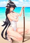  1girl azur_lane beach black_hair bokken bow breasts brown_eyes casual_one-piece_swimsuit cleavage commentary_request criss-cross_halter feet hair_bow hair_flaps halterneck hayama_kazusa highres holding holding_sword holding_weapon horizon kneeling long_hair looking_at_viewer navel ocean one-piece_swimsuit open_toe_shoes outdoors ponytail solo swimsuit sword takao_(azur_lane) toes very_long_hair weapon white_bow white_swimsuit wooden_sword 