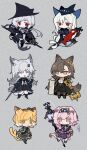  6+girls anger_vein animal_ear_fluff animal_ears arknights bangs black_cape black_dress black_footwear black_hairband black_headwear black_jacket black_necktie black_skirt black_thighhighs boots brown_eyes brown_hair cape cat_ears cat_girl cat_tail cheese_(chisi64726930) chibi colored_eyelashes commentary dress english_commentary gladiia_(arknights) goldenglow_(arknights) grey_background grey_hair hair_between_eyes hair_ornament hairband hairclip hat highres jacket lappland_(arknights) lappland_(refined_horrormare)_(arknights) lightning_bolt_print long_hair mini_hat mousse_(arknights) multiple_tails necktie orb pantyhose parted_lips penance_(arknights) pink_footwear pink_hair print_hairband red_eyes ribbed_legwear scar scar_across_eye shirt skadi_(arknights) skirt staff stuffed_animal stuffed_orca stuffed_toy tail tears thigh-highs thighhighs_under_boots tilted_headwear two_tails very_long_hair white_shirt 