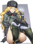  1girl black_legwear blonde_hair blush breasts coat elbow_gloves fur_collar fur_hat gloves hair_twirling hat highres knees_together_feet_apart kolin kumiko_shiba large_breasts lips long_hair sitting solo street_fighter street_fighter_v thigh-highs thighs ushanka winter_clothes 