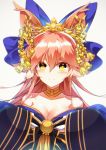  animal_ears bell blue_ribbon blush bow breasts cleavage collarbone fate/grand_order fate_(series) fox_ears fromchawen hair_bow hair_ribbon japanese_clothes jingle_bell large_breasts long_hair looking_at_viewer off_shoulder pink_hair ribbon simple_background tamamo_(fate)_(all) tamamo_no_mae_(fate) very_long_hair white_background yellow_eyes 