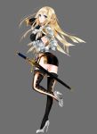  1girl apt armor back blonde_hair blue_eyes breasts full_body gloves grey_background gyakushuu_no_fantasica high_heels highres long_hair official_art pointy_ears simple_background solo sword thigh-highs weapon 