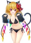  1girl absurdres animal_ears arm_warmers bangs bare_shoulders bikini black_bikini blonde_hair bow breasts cat_ears cat_tail cleavage cowboy_shot flandre_scarlet fur hair_bow hands_up highres kemonomimi_mode leaning_forward looking_at_viewer medium_breasts navel open_mouth red_bow red_eyes side-tie_bikini smile solo suigetsu_(watermoon-910) swimsuit tail touhou 