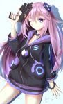  1girl absurdres adult_neptune blush d-pad d-pad_hair_ornament gun hair_ornament handgun highres holding holding_gun holding_weapon hood jacket karv long_hair looking_at_viewer neptune_(series) one_eye_closed pistol purple_hair shin_jigen_game_neptune_vii smile solo trigger_discipline violet_eyes weapon 