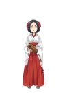  1girl black_eyes black_hair chestnut_mouth flower full_body hair_flower hair_ornament hakama_skirt highres japanese_clothes looking_at_viewer miko official_art omikuji princess_principal princess_principal_game_of_mission short_hair solo standing toudou_chise wide_sleeves 