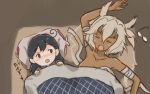  2girls ahoge bed bed_sheet blanket breasts budget_sarashi closed_eyes commentary_request dark_skin futon kantai_collection large_breasts long_hair lying multiple_girls musashi_(kantai_collection) otoufu pillow pointy_hair sarashi sleeping two_side_up under_covers ushio_(kantai_collection) 