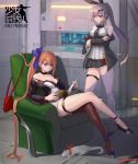  2girls animal bang bangs bare_shoulders black_bra black_choker black_footwear black_jacket black_legwear blonde_hair blue_bow blue_eyes blurry blush bow bow_dress bra breasts brown_eyes cable choker cleavage closed_mouth collarbone couch dress fal_(girls_frontline) ferret finger_gun five-seven_(girls_frontline) five-seven_(gun) girls_frontline grifon&amp;kryuger gun hair_between_eyes hair_ornament hair_ribbon handgun high_heels highres holding holding_gun holding_weapon jacket jewelry knife kukri lace lace-trimmed_bra large_breasts legs_crossed lion_(dielion) long_hair looking_at_another machinery magazine miniskirt multiple_girls off_shoulder pleated_skirt ponytail reading ribbon shirt shoe_bow shoes short_dress side_ponytail sidelocks signature silver_hair single_thighhigh sitting skindentation skirt sleeveless sleeveless_shirt standing strap thigh-highs thigh_strap thighs underwear very_long_hair weapon white_dress white_shirt 