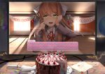  1girl 2d_dating :d backlighting balloon bangs blazer blush bow breasts brown_hair cake cake_slicer calendar classroom collared_shirt commentary computer confetti crying crying_with_eyes_open curtains desk doki_doki_literature_club elbow_rest elbows_on_table eyebrows_visible_through_hair food fork fruit green_eyes hair_bow hand_on_own_cheek hand_on_own_face hands_up happy happy_tears heart highres hits holding holding_fork indoors jacket lens_flare light_particles light_rays lonely long_hair long_sleeves looking_at_viewer medium_breasts monika_(doki_doki_literature_club) monitor neck_ribbon nose_blush open_mouth paper plate ponytail red_neckwear red_ribbon ribbon round_teeth sasoura school_uniform shirt sidelocks sitting slice_of_cake smile solo spoilers strawberry sunbeam sunlight table tears teeth white_shirt window wiping_tears 