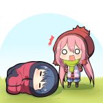  /\/\/\ 2girls beanie black_gloves black_legwear blue_hair blue_shorts blush chibi closed_eyes eyebrows_visible_through_hair gloves grass green_scarf hair_between_eyes hat kagamihara_nadeshiko long_hair long_sleeves low_twintails lying multiple_girls o_o on_ground on_side open_clothes open_mouth open_vest pink_hair plaid plaid_shirt red_shirt scarf shadow shima_rin shirt shorts sleeping_bag standing twintails twumi v-shaped_eyebrows very_long_hair vest wavy_mouth yurucamp 
