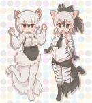  2girls aardwolf_(kemono_friends) aardwolf_ears aardwolf_tail animal_ears bare_shoulders black_eyes black_footwear black_hair black_neckwear bow bowtie brown_eyes commentary_request elbow_gloves extra_ears full_body gloves hair_between_eyes hands_up highres kemono_friends kolshica long_sleeves looking_at_viewer multicolored_hair multiple_girls necktie no_shoes open_mouth pantyhose ponytail shirt short_hair short_shorts shorts sleeveless sleeveless_shirt southern_tamandua_(kemono_friends) striped striped_gloves striped_legwear striped_shirt tamandua_ears tamandua_tail two-tone_hair white_hair white_legwear white_neckwear 