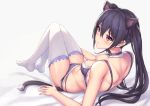  1girl animal_ears bell bell_choker black_hair blush bra breasts cat_ears cat_tail choker closed_mouth commentary_request fake_animal_ears hair_between_eyes long_hair lying neptune_(series) no_shoes noire on_back panties parfaitlate purple_bra purple_choker purple_panties small_breasts solo tail thigh-highs twintails underwear underwear_only white_legwear 