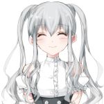  1girl absurdres arms_at_sides bad_id bad_pixiv_id bare_shoulders blush blush_stickers closed_eyes closed_mouth drill_hair ears_visible_through_hair eyebrows_visible_through_hair grey_hair hair_between_eyes highres long_hair misteor original puffy_sleeves shirt sleeves smile solo twintails white_background white_shirt white_sleeves 