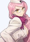  &gt;:) 1girl agsen breasts choker commentary_request earrings fate/grand_order fate_(series) glasses hat jewelry koyanskaya large_breasts long_hair looking_at_viewer pink_hair ribbon ribbon_choker simple_background smile solo very_long_hair yellow_eyes 