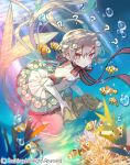  1girl ? bare_shoulders bow bowtie bubble cardfight!!_vanguard chouchou_putilna company_name coral fish gloves grey_hair hair_ornament low_twintails map mermaid miyoshino monster_girl official_art red_eyes solo twintails underwater 