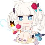  1girl ahoge animal_ears azur_lane bailingxiao_jiu bangs bare_arms bare_shoulders bikini blue_eyes broken bucket cannon cat_ears chibi commentary_request eyebrows_visible_through_hair fang fire flower frilled_bikini_top full_body hair_flower hair_ornament hair_rings hammann_(azur_lane) heart heart-shaped_pupils holding innertube open_mouth red_flower silver_hair simple_background sitting solo star swimsuit symbol-shaped_pupils tears torpedo transparent turret twintails wavy_mouth white_background white_bikini 