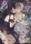 2girls black_hair breasts character_request cleavage copyright_request dress flower highres imminent_kiss kippu multiple_girls signature yuri