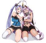  2girls absurdres ahoge anchor azur_lane bandeau bangs bikini_top black_shorts black_skirt blue_eyes blue_hair breasts eyebrows_visible_through_hair fang full_body garter_straps hair_between_eyes hand_holding headgear heart_ahoge heterochromia highres indianapolis_(azur_lane) interlocked_fingers kneeling large_breasts looking_at_viewer midriff miniskirt multiple_girls navel open_mouth pleated_skirt portland_(azur_lane) purple_hair short_shorts shorts simple_background skirt smile ssamjang_(misosan) thighs twintails white_background yellow_eyes 