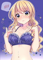  1girl :o blonde_hair blush bra breasts cleavage collarbone embarrassed empty_eyes eyebrows_visible_through_hair frilled_bra frills gradient gradient_background heart lips long_hair looking_away looking_down medium_breasts navel nikaido_natsuko no_pupils nose_blush open_mouth purple_background purple_bra solo speech_bubble spoken_blush star starry_background stomach swap_swap tareme tottoto_tomekichi underwear underwear_only upper_body wavy_hair 