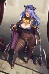  1girl axe bodystocking breasts camilla_(fire_emblem_if) cape cleavage cosplay covered_navel fire_emblem fire_emblem:_kakusei fire_emblem_if hair_over_one_eye looking_at_viewer ochrejelly pelvic_curtain purple_hair solo stairs tharja tharja_(cosplay) tiara 