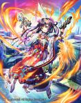  1girl black_hair cardfight!!_vanguard company_name fire flower goddess_of_transitory_awanami green_eyes gun hair_flower hair_ornament japanese_clothes long_hair miko nemusuke official_art open_mouth sandals sky solo weapon 