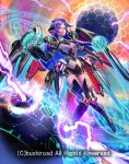  1girl armor armored_boots boots cardfight!!_vanguard company_name electricity gloves long_hair magic_circle mechanical_wings official_art red_eyes side_ponytail solo teeth wings witch_queen_of_iniquity_jeliddo yuukoo 