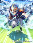  1boy armor armored_boots boots cardfight!!_vanguard company_name faceless faceless_male fullspeed_specter gloves helmet male_focus official_art orange_eyes rugby_ball rugby_uniform sky solo sportswear teeth visor 