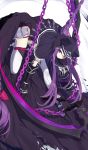  1girl black_capelet black_leotard braid commentary_request dutch_angle fate/grand_order fate_(series) gauntlets grey_footwear holding holding_scythe hood hood_up hooded_capelet leotard long_hair looking_away medusa_(lancer)_(fate) purple_hair rider scythe shoes sidelocks solo thigh-highs torn_clothes touzai_(poppin_phl95) very_long_hair violet_eyes white_legwear 