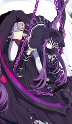  1girl black_capelet black_leotard braid commentary_request dutch_angle fate/grand_order fate_(series) gauntlets grey_footwear holding holding_scythe hood hood_up hooded_capelet leotard long_hair looking_away medusa_(lancer)_(fate) purple_hair rider scythe shoes sidelocks solo thigh-highs torn_clothes touzai_(poppin_phl95) very_long_hair violet_eyes white_legwear 