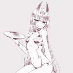  1girl :p alcohol blush breasts chan_co commentary_request cup eyebrows_visible_through_hair fate/grand_order fate_(series) fingernails grey_background greyscale hand_up looking_at_viewer monochrome navel oni_horns sakazuki sake short_eyebrows shuten_douji_(fate/grand_order) simple_background sitting small_breasts smile solo sweat tongue tongue_out 