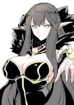  1girl absurdres black_dress breasts cleavage closed_mouth commentary_request dress fate/apocrypha fate_(series) fingernails grey_hair harukon_(halcon) highres large_breasts long_hair nail_polish pointy_ears semiramis_(fate) simple_background slit_pupils smile solo upper_body very_long_hair white_background white_nails yellow_eyes 