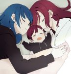  3girls baby black_hair blue_hair child closed_eyes drooling hood hoodie if_they_mated long_hair love_live! love_live!_sunshine!! lying mother_and_daughter multiple_girls redhead sakurauchi_riko sellel short_hair sleeping tsushima_yoshiko yuri 