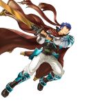  1boy arm_guards armor armored_boots blue_eyes blue_hair boots cape clenched_teeth fingerless_gloves fire_emblem fire_emblem:_akatsuki_no_megami fire_emblem:_souen_no_kiseki fire_emblem_heroes full_body gloves headband highres holding holding_sword holding_weapon ike kita_senri knee_boots looking_away male_focus official_art pants ragnell short_hair shoulder_armor sword teeth transparent_background weapon 