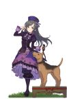  1girl black_footwear blue_hat boots dress frilled_dress frills full_body grass grey_hair hand_up hat highres knee_boots leash long_hair looking_at_viewer official_art platform princess_principal princess_principal_game_of_mission purple_dress purple_footwear purple_legwear shoes smile solo sophie_mackenzie standing transparent_background violet_eyes 