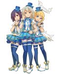  3girls angel angel_wings blonde_hair blue_eyes blue_legwear geetgeet grey_hair hair_over_one_eye halo hat idol_clothes long_hair low_wings lucille_aleister microphone mini_hat mini_top_hat misty_sheikh multiple_girls pop-up_story purple_hair short_hair skirt thigh-highs top_hat ursula_raiment violet_eyes wings 