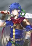  1boy armor blue_eyes blue_hair cape fire_emblem fire_emblem:_souen_no_kiseki gloves headband highres ike kei_(asufend) looking_at_viewer male_focus ragnell short_hair sword weapon 