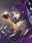  1girl :d bangle bangs blue_bow blue_eyes blue_hair blush bow bowl bracelet coin crack dark_background debt from_side glint gradient_hair grey_shirt hair_between_eyes hair_bow happy_tears holding holding_bowl jewelry light long_hair money multicolored_hair open_mouth piyodesu profile purple_hair shirt short_sleeves smile solo tearing_up tears touhou two-handed upper_body upper_teeth very_long_hair yorigami_shion 
