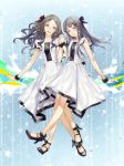  2girls :d black_hair brown_eyes brown_hair claris_(group) dress earrings grey_eyes grey_hair hair_ribbon hand_holding jewelry long_hair multiple_girls official_art open_mouth redjuice ribbon smile 