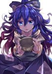  1girl bangle blue_bow blue_eyes blue_hair blue_skirt bow bowl bracelet debt e.o. expressionless eyebrows_visible_through_hair grey_hoodie hair_between_eyes hair_bow highres holding holding_bowl jewelry long_hair messy_hair parted_lips short_sleeves simple_background skirt solo touhou very_long_hair white_background yorigami_shion 