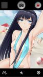  1girl bangs black_hair blue_eyes breasts cellphone cleavage collarbone holding holding_phone juujuu kill_la_kill kiryuuin_satsuki long_hair looking_at_viewer navel phone self_shot smartphone solo swimsuit taking_picture thick_eyebrows 