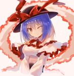  1girl adapted_costume bare_shoulders blue_hair bow breasts commentary_request eyebrows_visible_through_hair hat hat_bow highres large_breasts looking_at_viewer nagae_iku one_eye_closed red_bow red_eyes red_neckwear rin_falcon shawl short_hair smile solo touhou upper_body 