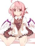  1girl animal_ears between_legs bird_wings blush dress frilled_dress frilled_sleeves frills hand_between_legs juliet_sleeves long_sleeves looking_at_viewer moja_(moja4192) mystia_lorelei no_hat no_headwear parted_lips pink_eyes pink_hair puffy_sleeves short_hair simple_background sitting touhou white_background wide_sleeves wings 