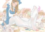  1girl absurdres alice_(wonderland) alice_in_wonderland animal apron arm_up bangs blonde_hair blue_eyes bow breasts card cleavage cleavage_cutout clock club_(shape) commentary_request diamond_(shape) dress feet food footwear_removed frown hair_bow head_tilt heart highres holding holding_food long_hair looking_at_viewer mary_janes medium_breasts mushroom no_shoes pantyhose parted_bangs perspective playing_card rabbit shoes shoes_removed sitting solo spade_(shape) toes white_legwear yomu_(sgt_epper) 