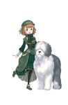  1girl :d bangs beatrice_(princess_principal) black_legwear blunt_bangs brown_eyes brown_hair dress full_body green_dress green_footwear green_hat hat highres looking_at_viewer official_art open_mouth princess_principal princess_principal_game_of_mission sheep_dog shoes short_hair smile solo standing standing_on_one_leg transparent_background 