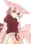  1girl :p animal_ears aran_sweater arm_support bangs blush bow bowtie breasts brown_eyes brown_neckwear brown_sweater closed_mouth commentary_request eyebrows_visible_through_hair fennec_(kemono_friends) finger_to_tongue fox_ears fox_girl fox_tail hair_between_eyes heart heart-shaped_pupils kemono_friends looking_at_viewer medium_breasts nagami_yuu pink_hair pink_legwear pleated_skirt puffy_short_sleeves puffy_sleeves short_sleeves sidelocks simple_background sitting skirt smile solo sweater symbol-shaped_pupils tail thigh-highs tongue tongue_out white_background white_skirt 