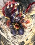  1boy bat_wings cardfight!!_vanguard clouds cloudy_sky company_name dragon dragon_tail electricity furry horns ishida_baru male_focus official_art rock sky smash_boxer_dragon solo tail wings yellow_eyes 