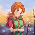 1girl blue_eyes breasts commentary_request curly_hair dragon_quest dragon_quest_vii dress flower hat highres hood jewelry layered_dress long_hair looking_at_viewer maribel_(dq7) mountain open_mouth orange_hair ring sky solo tree 