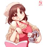  1girl bare_shoulders beige_sweater book bowl brown_eyes brown_hair chiyoda_(kantai_collection) chocolate dated headband highres kanon_(kurogane_knights) kantai_collection logo red_apron short_hair simple_background solo spatula sweater tongue tongue_out upper_body white_background 