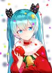  1girl absurdres apple bell black_ribbon blue_eyes blue_hair food fruit hair_between_eyes hair_ribbon hatsune_miku head_tilt highres holding holding_fruit long_hair looking_at_viewer polka_dot_ribbon qingli_green red_sweater ribbon smile solo twintails upper_body very_long_hair vocaloid 