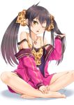  1girl ;o bangs bare_legs bare_shoulders barefoot black_hair blush breasts camisole cleavage collarbone eyelashes glint gradient_hair hair_ribbon hand_in_hair heart heart_necklace idolmaster idolmaster_cinderella_girls indian_style jacket jaguar_print long_hair long_sleeves looking_at_viewer matoba_risa miri_(ago550421) multicolored_hair nail_polish one_eye_closed open_clothes open_jacket open_mouth pink_skirt redhead ribbon shiny shiny_hair sidelocks signature simple_background single_vertical_stripe sitting skirt small_breasts solo spread_legs strap_slip toenail_polish track_jacket tsurime white_background yellow_eyes yellow_ribbon 